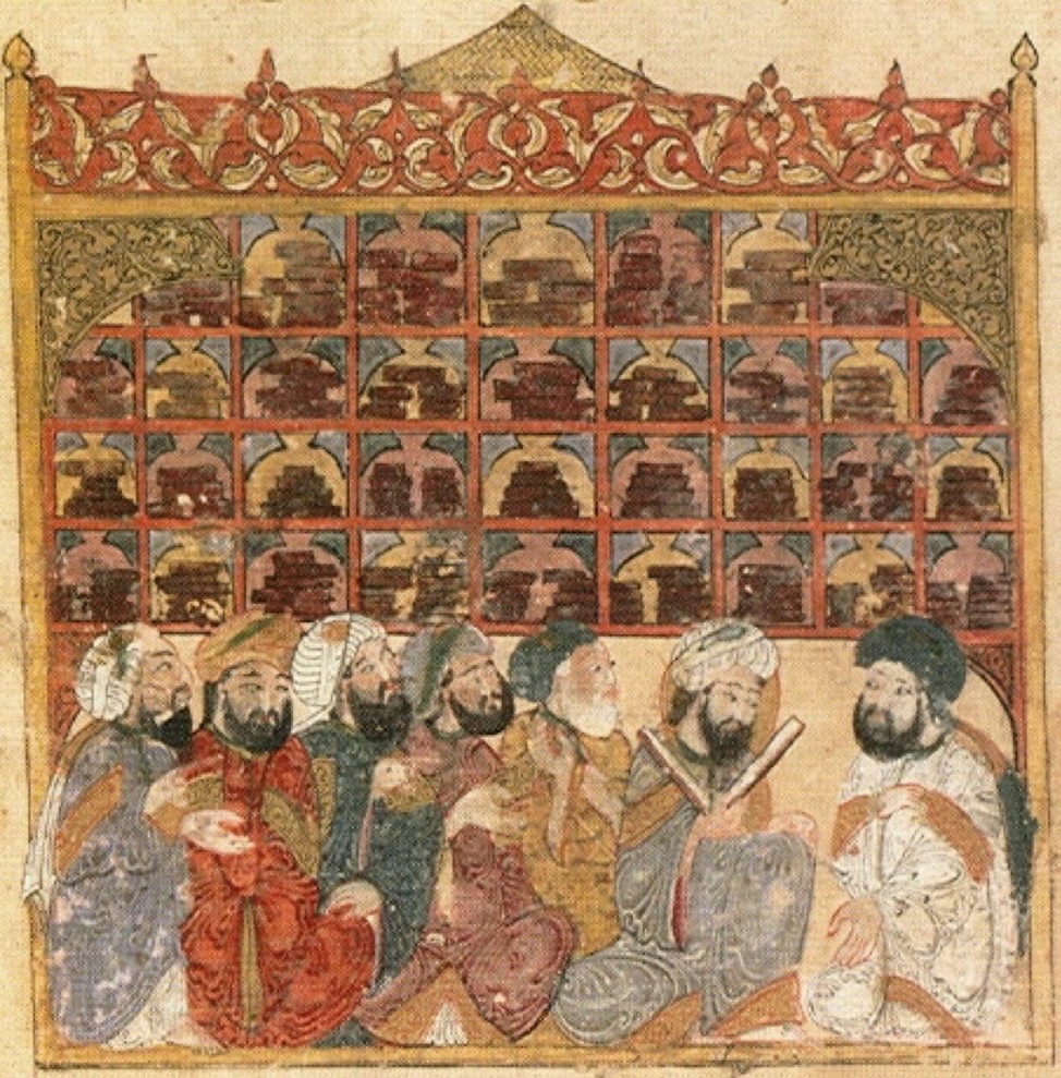 Thirteenth-century Arabic manuscript illumination by Yahya ibn Mahmud al-Wasiti (1237 CE) showing scholars conversing in an Abbasid library beneath rows of shelved codices.