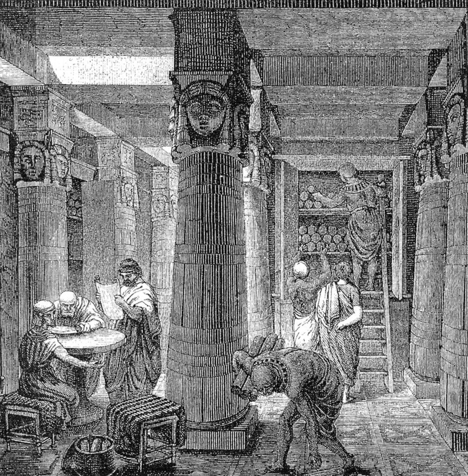 19th-century wood engraving by O. Von Corven (1886) depicting scholars reading and cataloguing papyrus scrolls inside the Great Library of Alexandria.